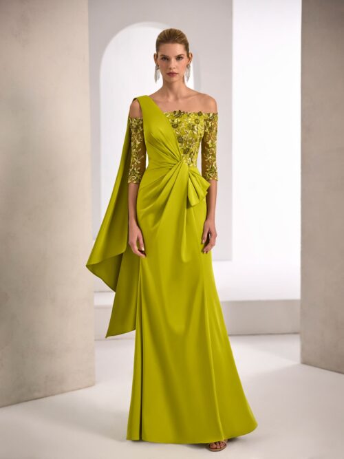 Vestido largo satén asimétrico con encaje