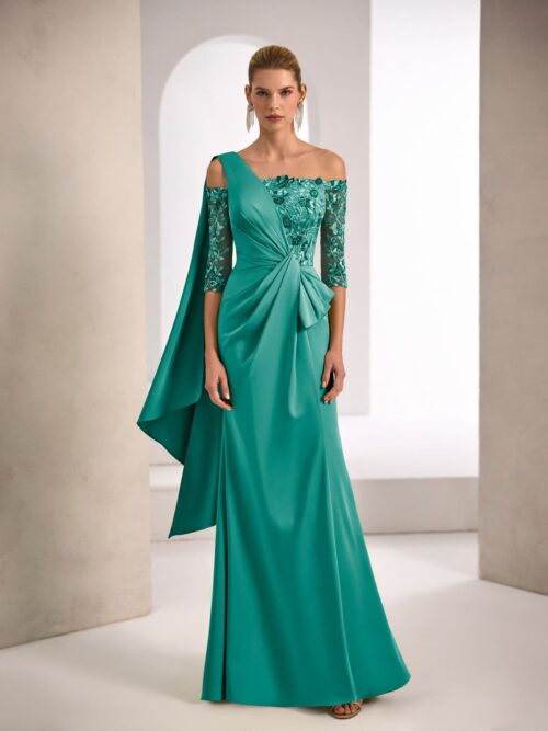 Vestido largo satén asimétrico con encaje