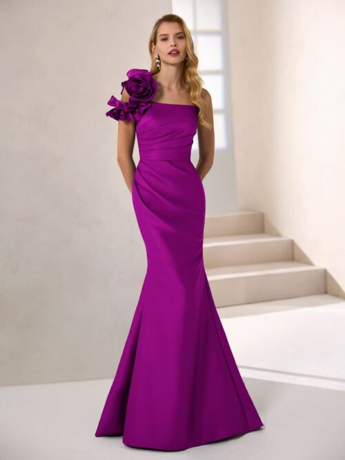 Vestido largo de mikado asimétrico floral