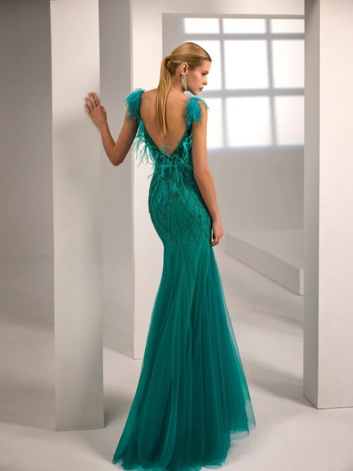 Vestido largo de pedrería con plumas
