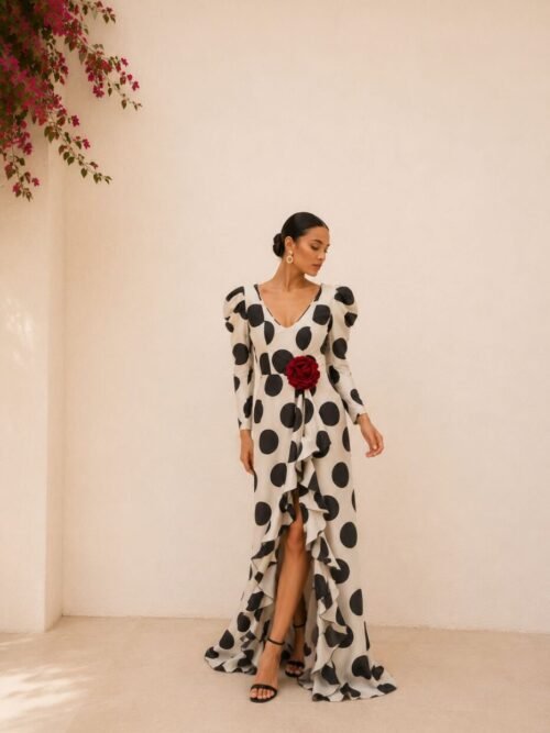 Vestido de inspiración flamenca en mikado gris plata y azul marino