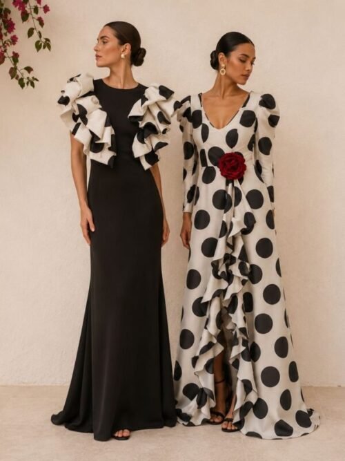 Vestido de inspiración flamenca en mikado gris plata y azul marino