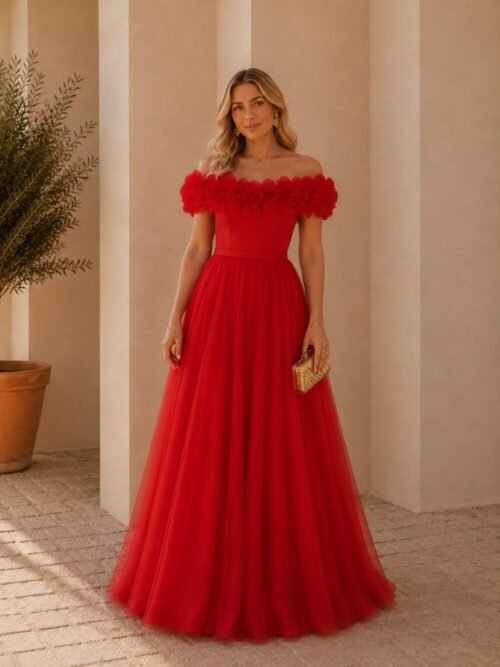 Vestido espectacular en plisado rojo con flores 3D