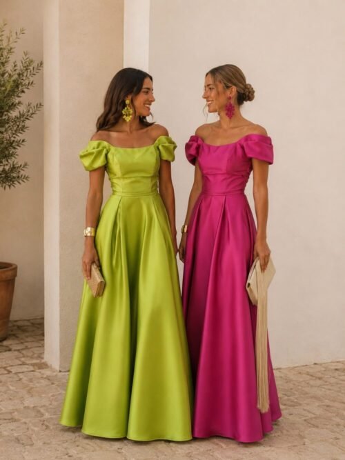 Vestido largo con cintura de tablas y manga farol corta