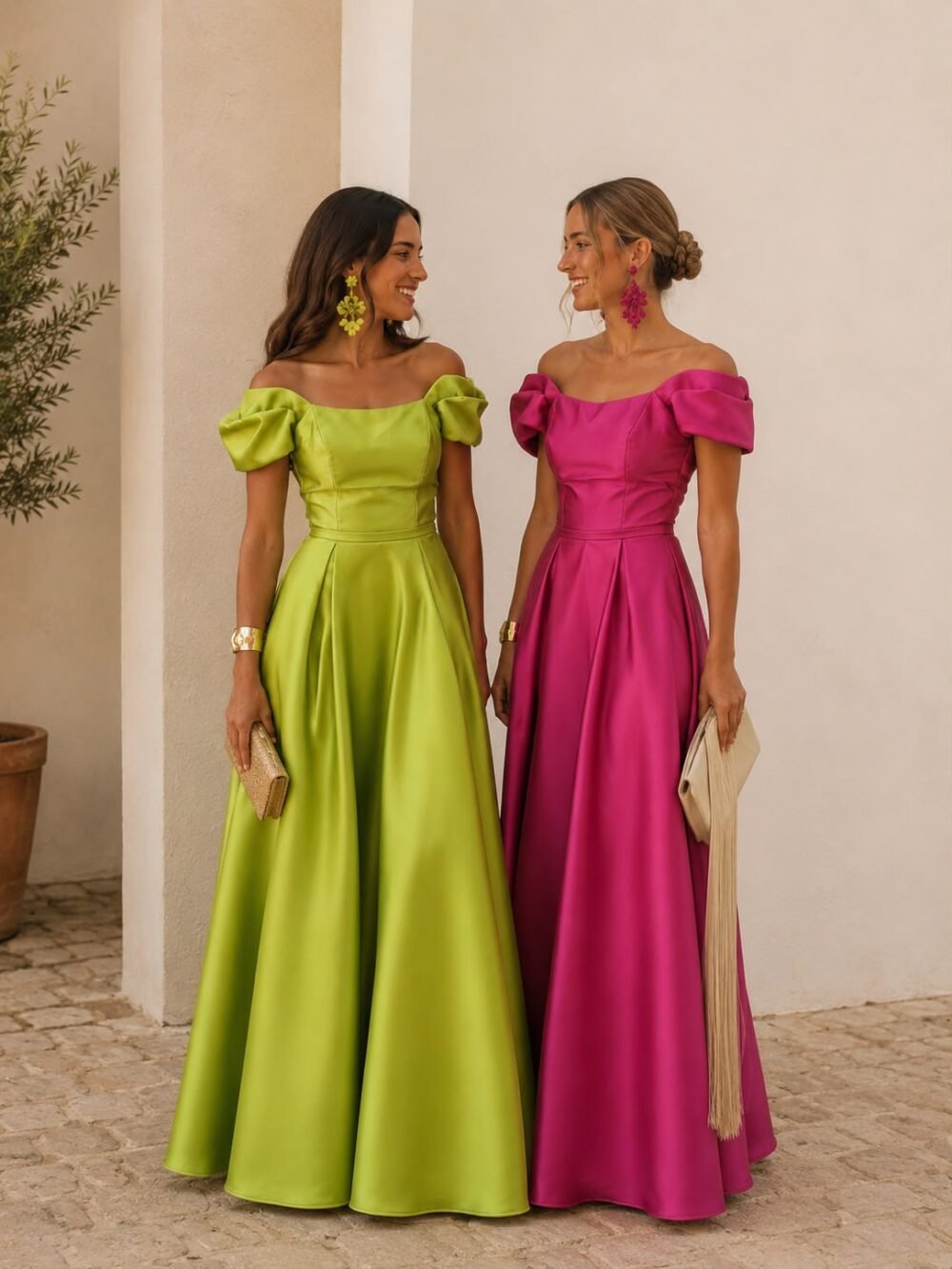 Vestido largo con cintura de tablas y manga farol corta