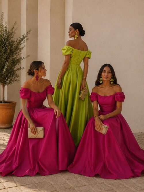 Vestido largo con cintura de tablas y manga farol corta