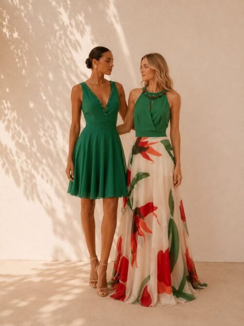 Vestido largo con falda estampada y cuerpo de raso verde Andalucía