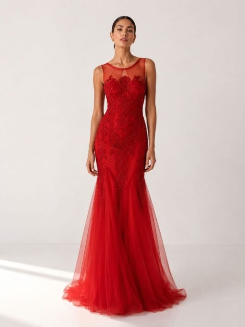Vestido largo de pedrería corte sirena con transparencia