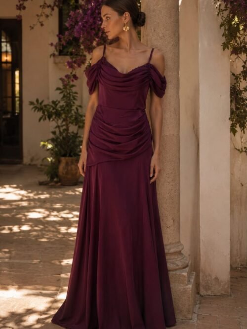 Vestido largo de satén burdeos palabra de honor