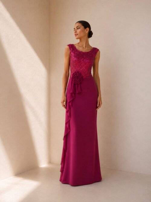 Vestido largo fucsia con lentejuelas y rosetón en cintura