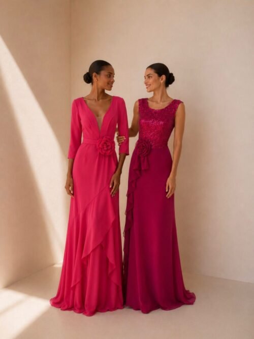 Vestido largo fucsia con lentejuelas y rosetón en cintura