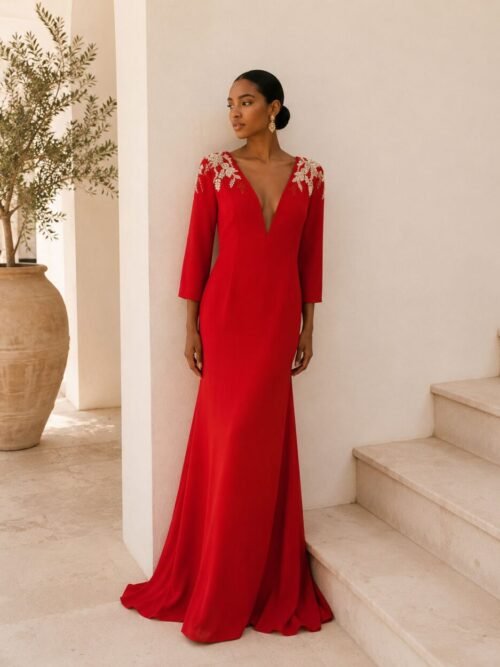 Vestido largo sirena con escote de pico y manga francesa