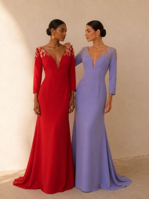 Vestido largo sirena con escote de pico y manga francesa