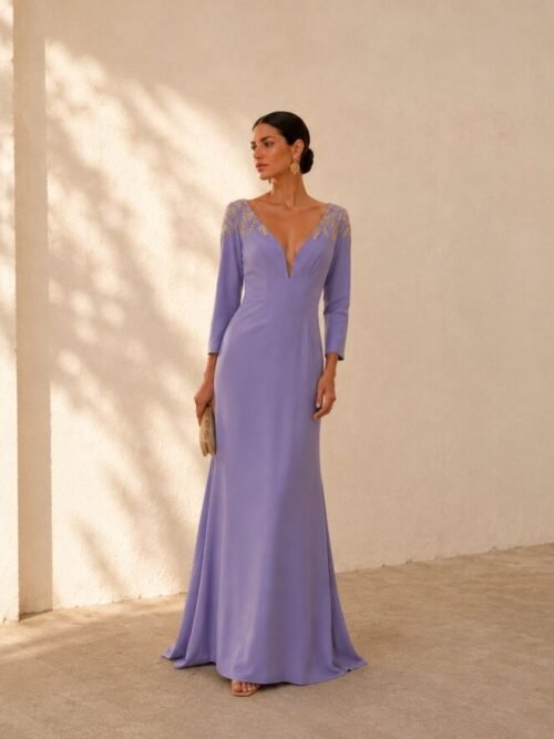 Vestido largo sirena con escote de pico y manga francesa